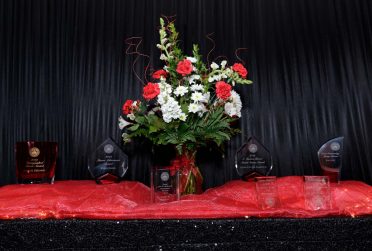 glass award statues on red cloth