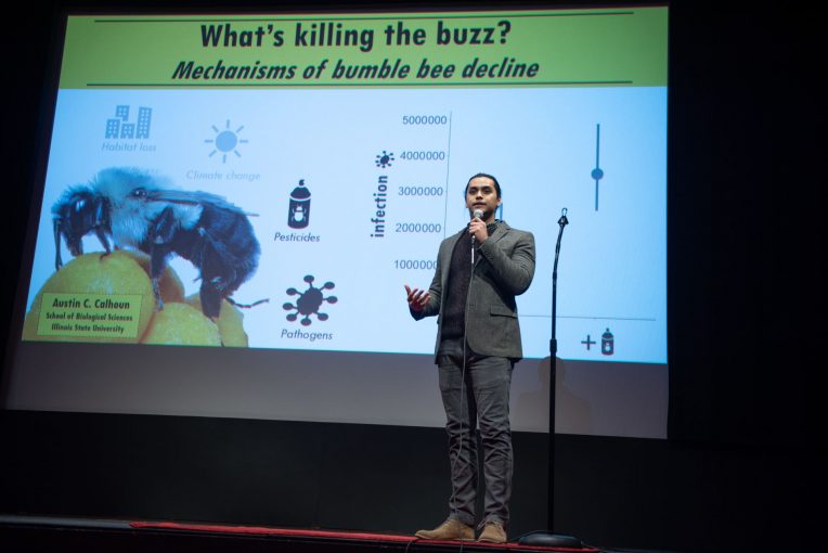 School of Biological Sciences master student, Austin C. Calhoun, won first prize and the People’s Choice award at the Illinois State University Graduate School’s Three Minute Thesis (3MT) competition.