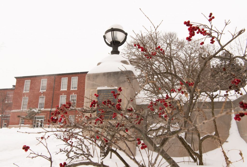 A photo of Edwards Hall surrounded in snow