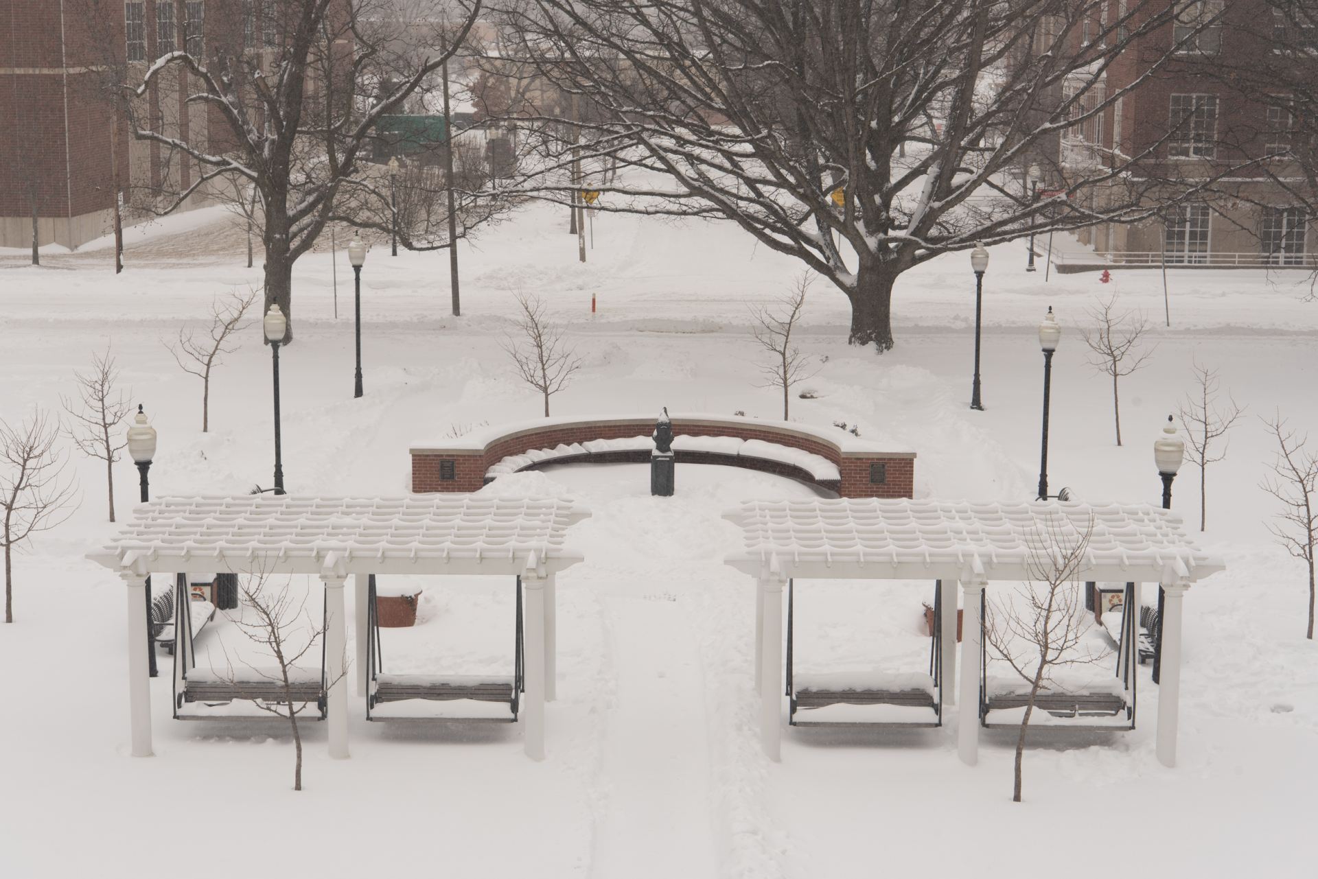Redbird Plaza covered in snow.