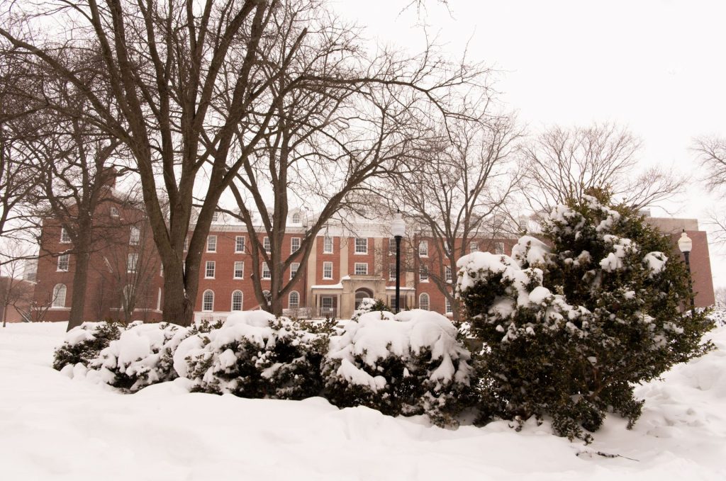 Schroeder Hall surrounded by snow.