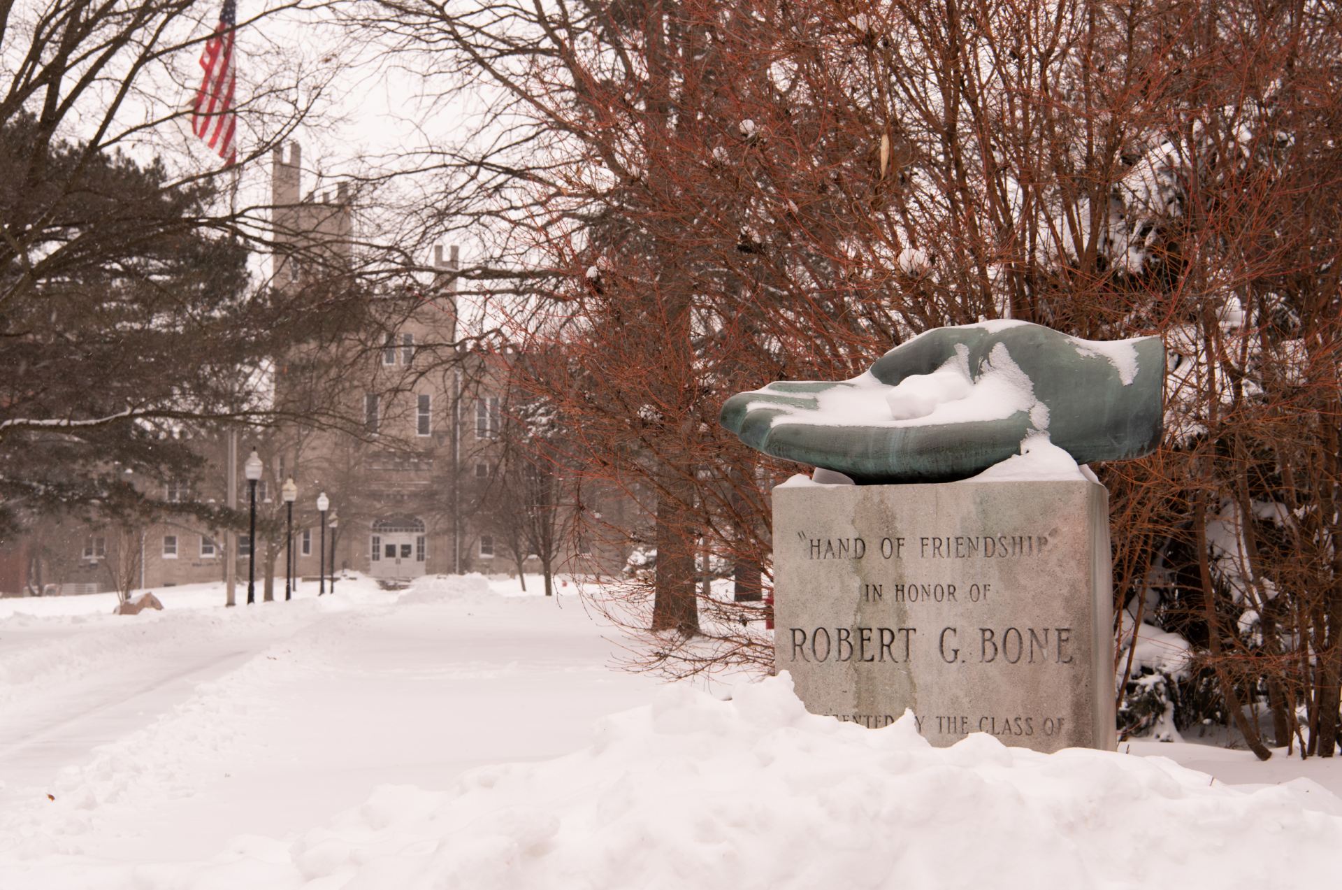 Bone Hand of Friendship on the Quad covered in snow.
