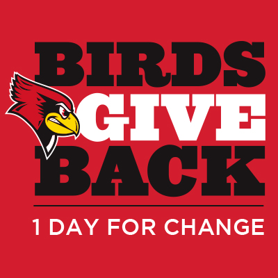 Birds Give Back logo with Reggie Redbird and the words 1 Day for Change