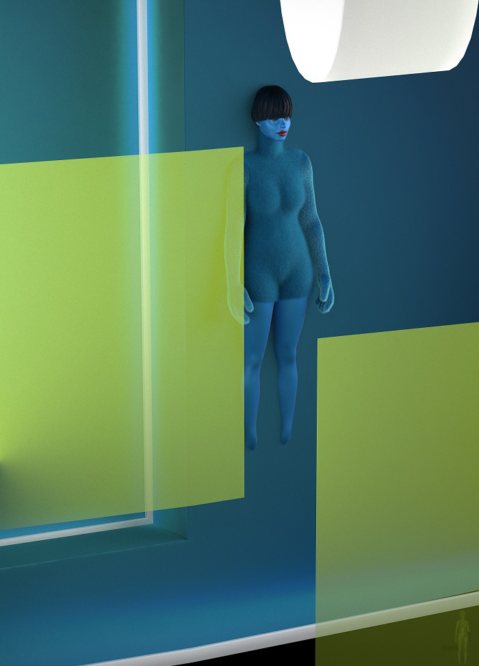 Animated individual in a futuristic looking blue and green room