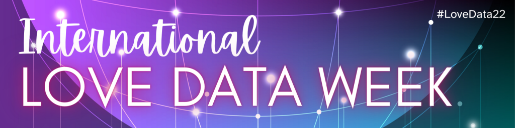 Graphic of International Love Data week and the text #LoveData22 with purple and teal background 