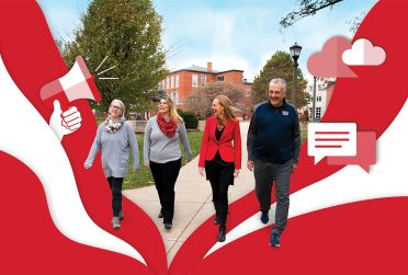 From left to right photos of Wendi Whitman, Harriett Steinbach, Dr. Katy Strzepek, and Dr. Lance Lippert walking on the quad with additional graphics.