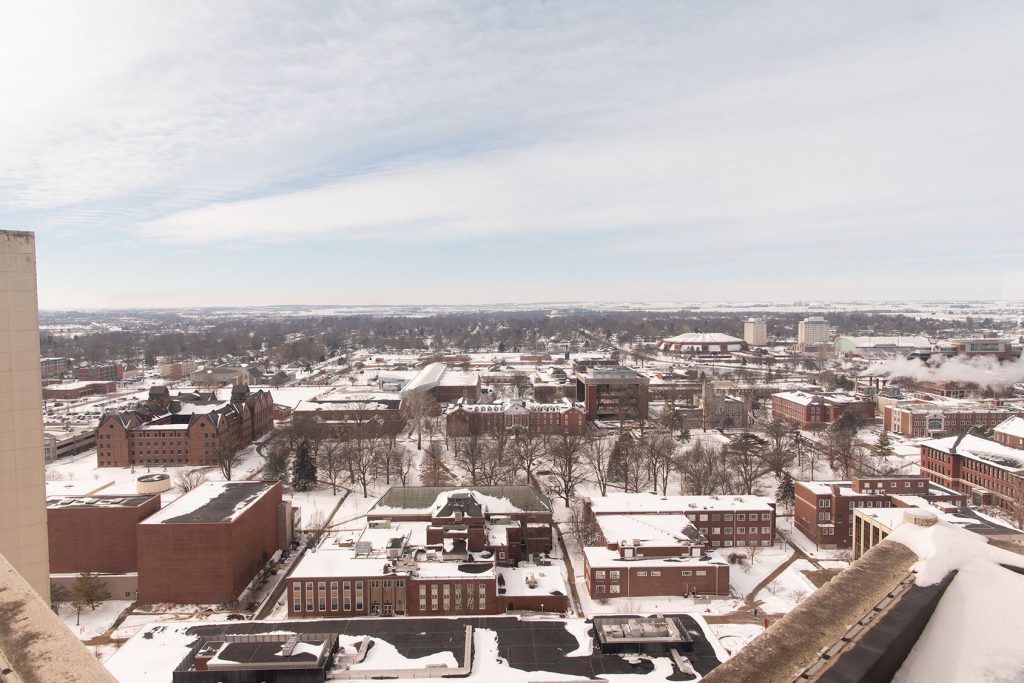 aerial shot of the Quad with snow-covered rooftops