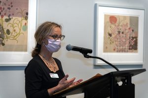 Dr. Gina Hunter, director of the Office Student Research, speaks during the third annual Image of Research competition's reception at University Galleries.