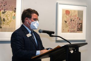 Dr. Craig C. McLauchlan, associate vice president for Research and Graduate Studies, speaks at the Image of Research finalists' reception February 9 at University Galleries.