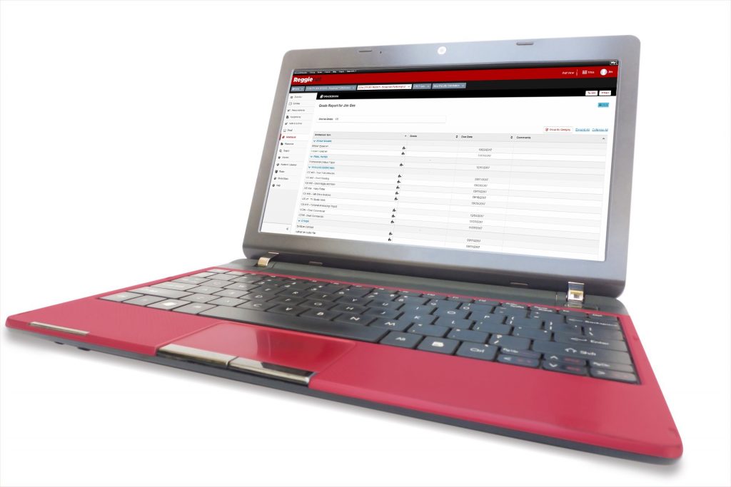 A red laptop computer with ReggieNet on the screen