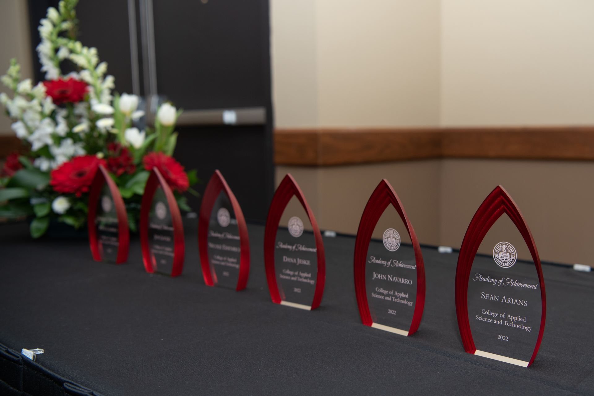 A collection of awards lined up for the Academy of Achievement.