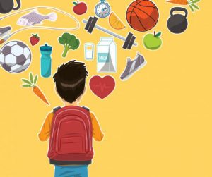 illustration of a child with various items related to health and wellness