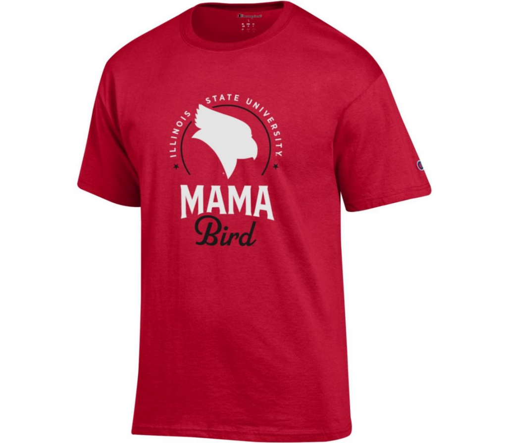 red t-shirt with the Redbird head silhouette logo and in text "Illinois State University Mama Bird"