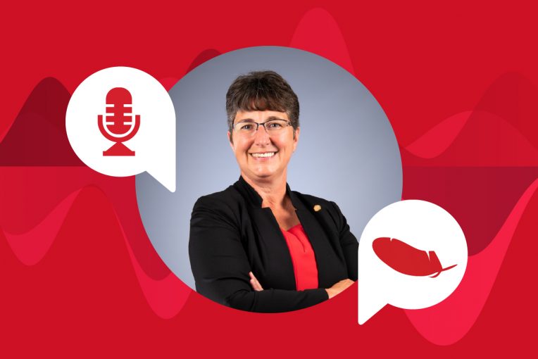 Headshot of President Kinzy on a red background, with microphone and feather icons