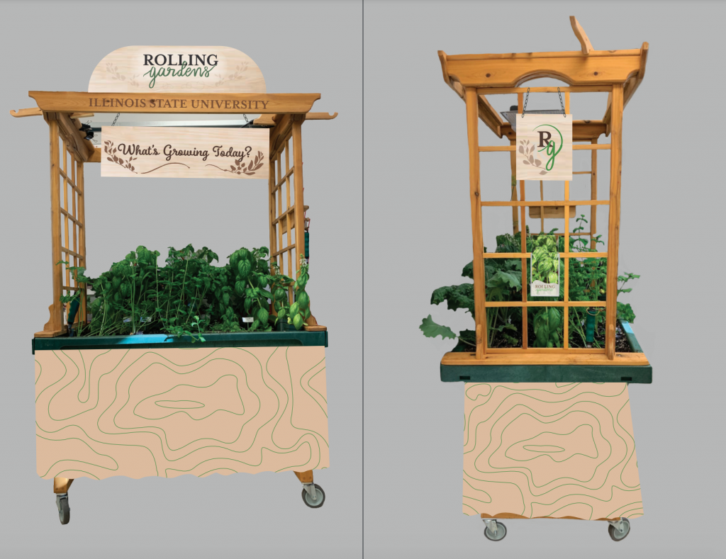four-wheeled cart filled with growing plants, covered by a trellis