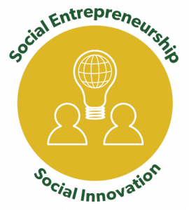 Social entrepreneurship and social innovation icon showing the outlines of a light bulb and two people in a circle