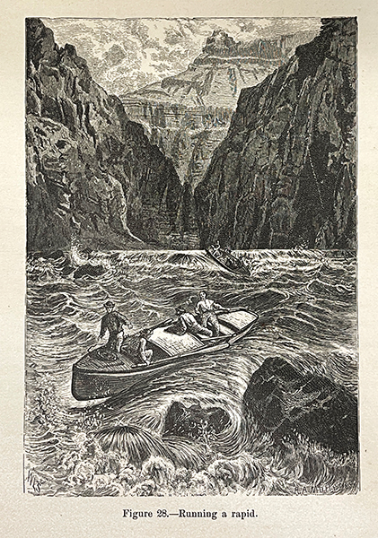 Black and white illustration showing a canoe with four men caught in a river rapid. Water swirls around rocks in the foreground near the canoe. In the distance another boat is surrounded by waves. Mountains and cliffs surround the river in the background of the image.