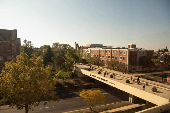 Photograph from Milner Library facing south showing the College Avenue Walking Bridge and the Quad
