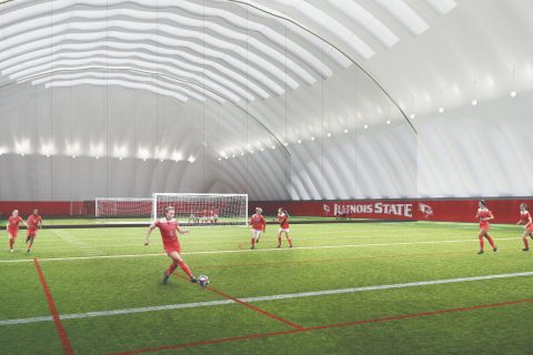 Rendering of the new indoor practice facility with soccer players on the field