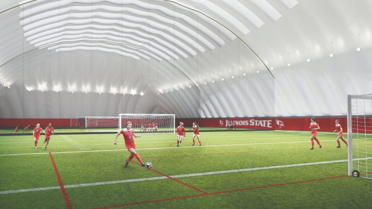 Rendering of the new indoor practice facility with soccer players on the field