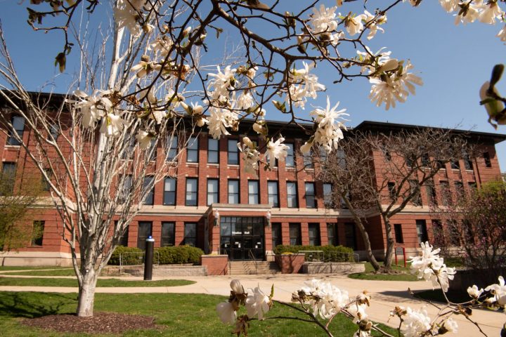 Blooming trees in front of Moulton Hall