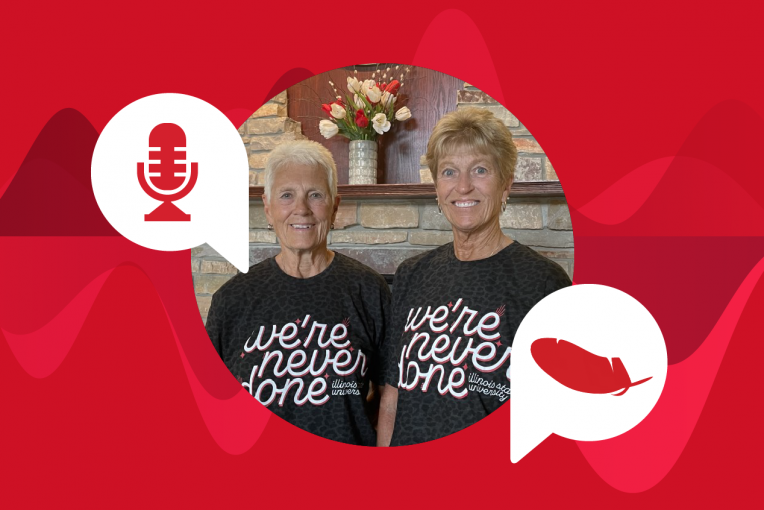 Jill Hutchison and Linda Herman on a red podcast-themed background