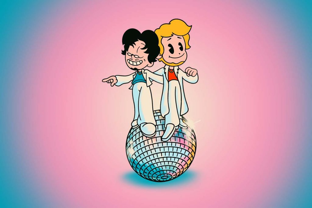 two animated figures standing on a disco ball