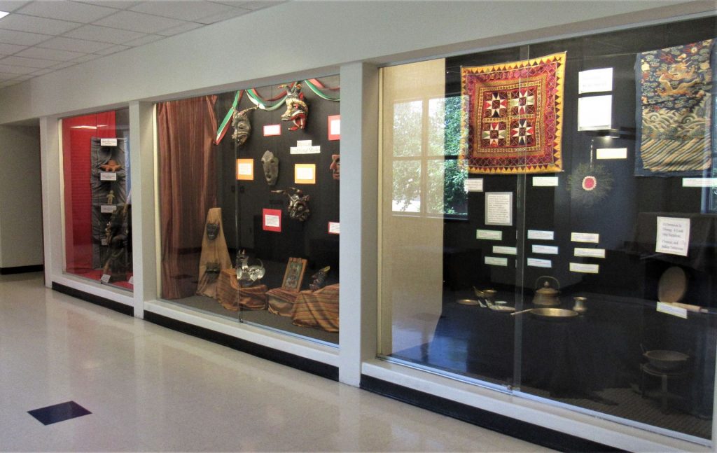 A picture of the first three glass displays in Schroeder Hall, 2nd floor, west wing I