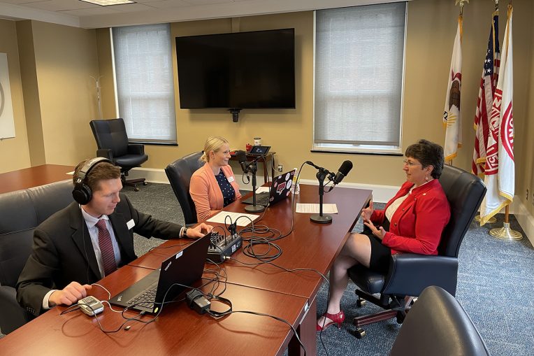 Illinois State President Terri Goss Kinzy is interviewed by Rachel Kobus 09, M.S.’11, and John Twork, M.S.’12, for the inaugural episode of Redbird Buzz.
