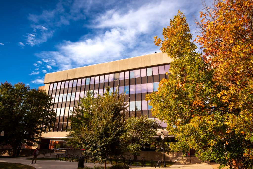 The exterior of DeGarmo Hall in the early fall