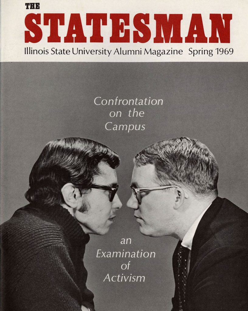 Cover of the first issue of The Statesman showing two white men glaring at each other. The text reads: confrontation on campus: an examination of activism.