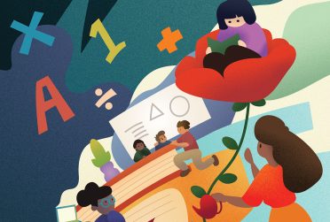 Editorial illustration of students and teachers surrounded by education materials.