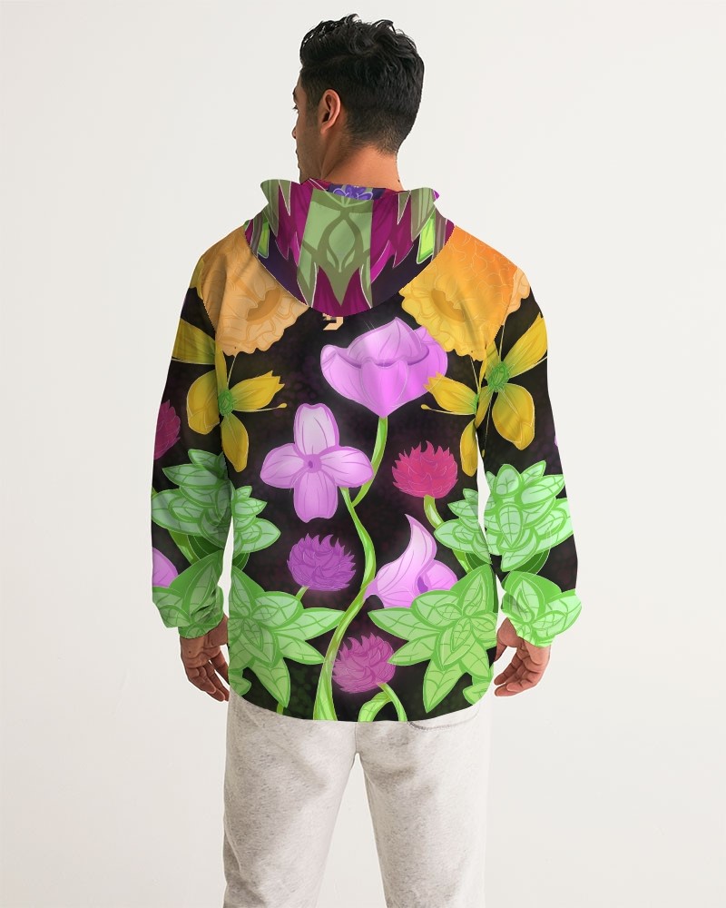 back of a hooded sweatshirt with pink and yellow flowers