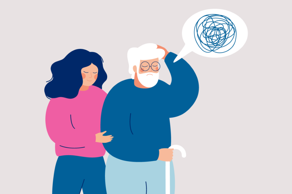 Illustration of two people one of them older with dementia