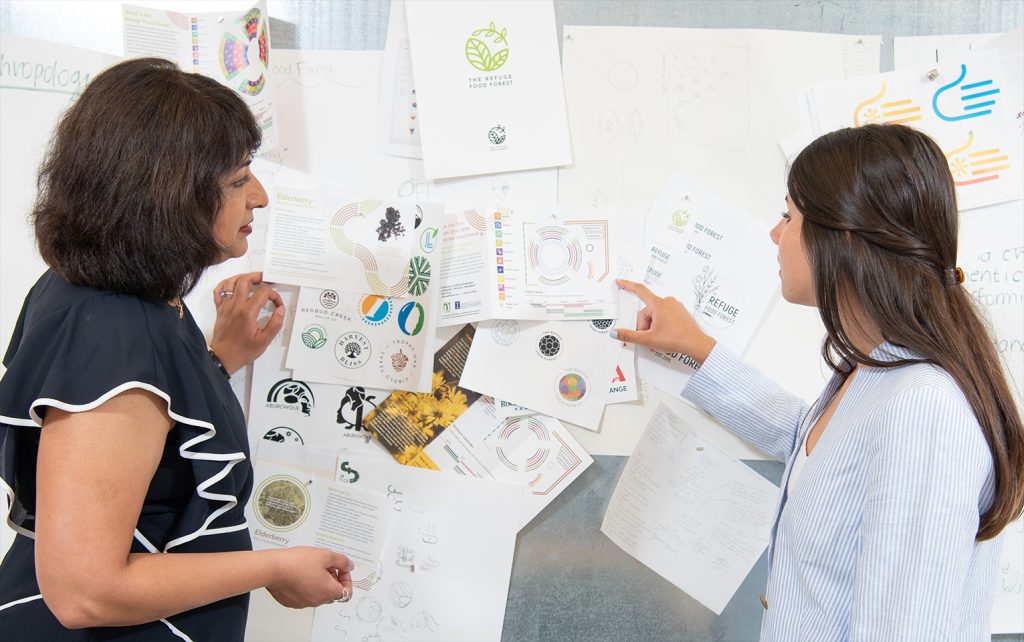 two people standing at a whiteboard covered in ideas, colors, and papers