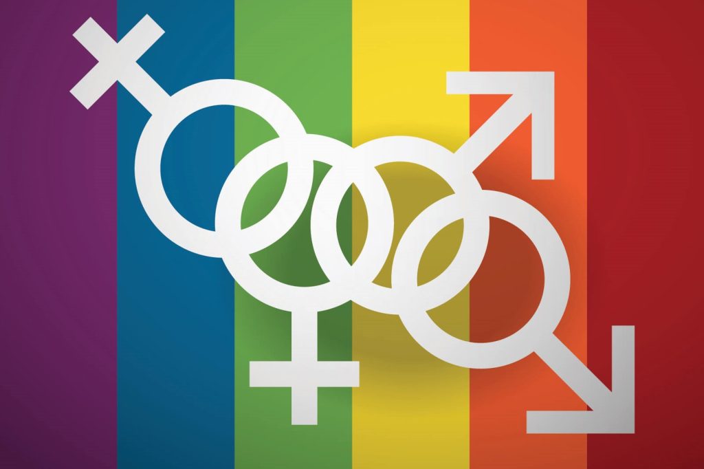 Rainbow background with white gender inclusivity symbol