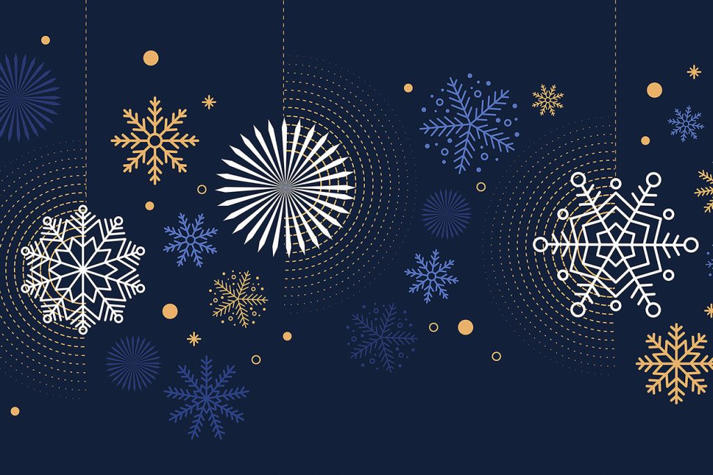 Illustration of silver, blue, and gold snowflake on a dark blue backrground