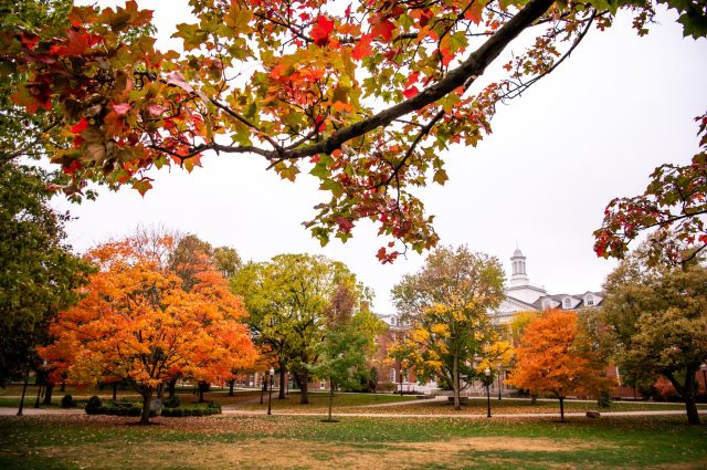 Wide shot of the ISU quad during the fall