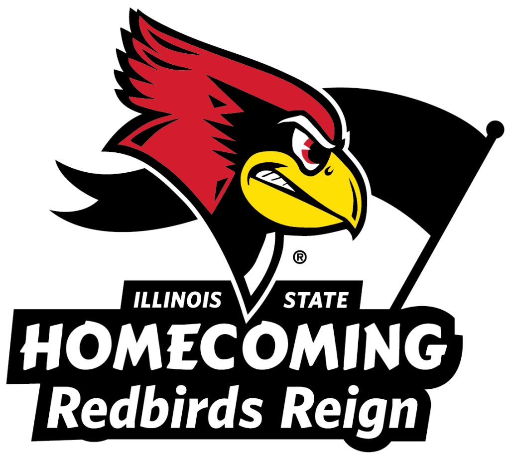 Homecoming 2023 logo with Reggie Redbird head and text Illinois State Homecoming Redbirds Reign
