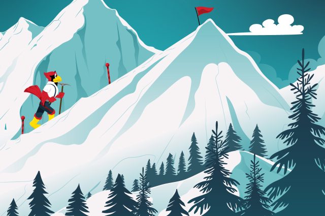 Cartoon Reggie Redbird climbing an illustrated mountain with a red flag on top.