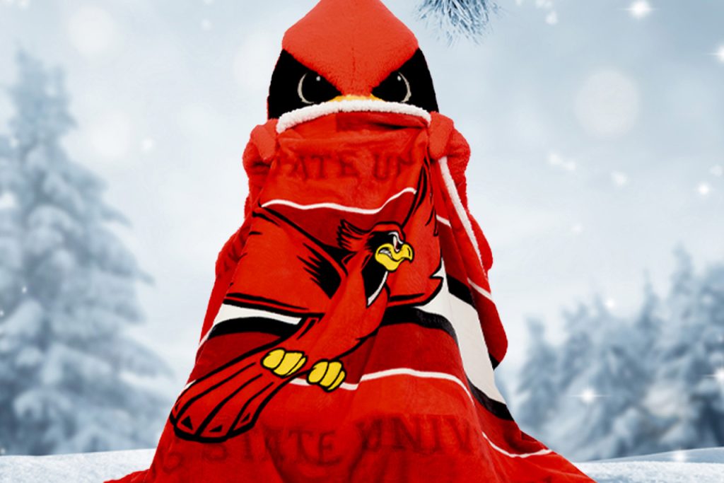 Reggie Redbird, wrapped in a red blanket with a Reggie Redbird logo