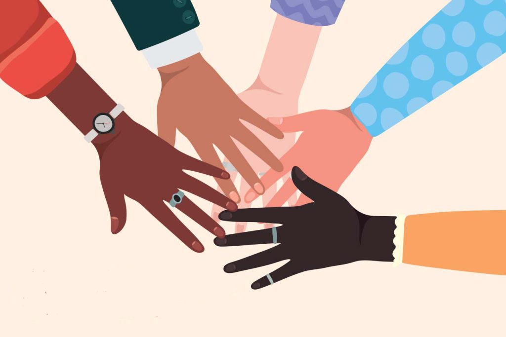 PROUD image with illustration of different colored hands joined together