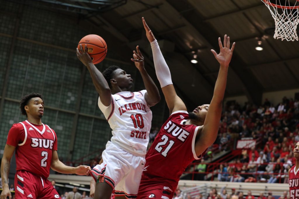 Darius Burford attempts a shot over an SIUE defender