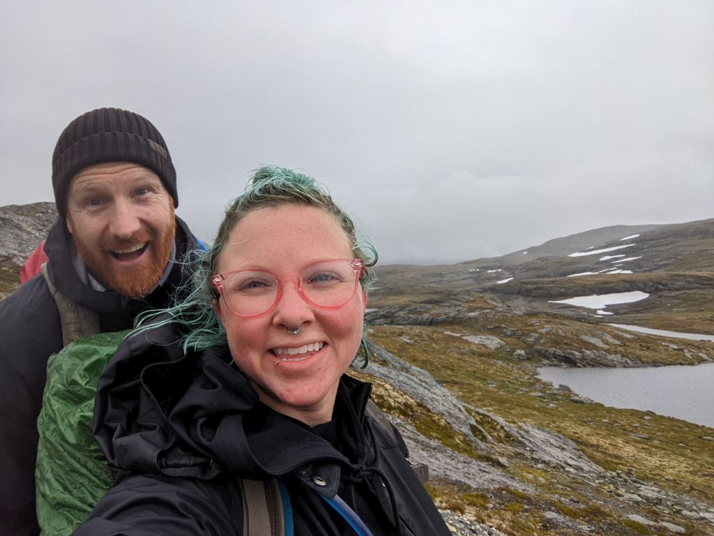 Rachael and her husband Kyle snap a photo during their backpacking trip in Norway.