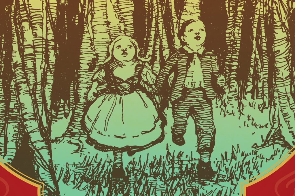 Illustration of two children walking through the woods