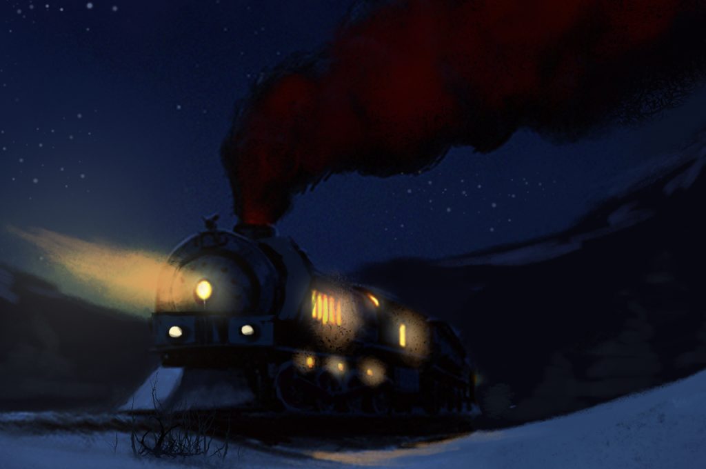 Illustration of a train traveling during the night