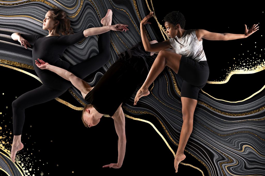 Image of dancers on a black and gold background