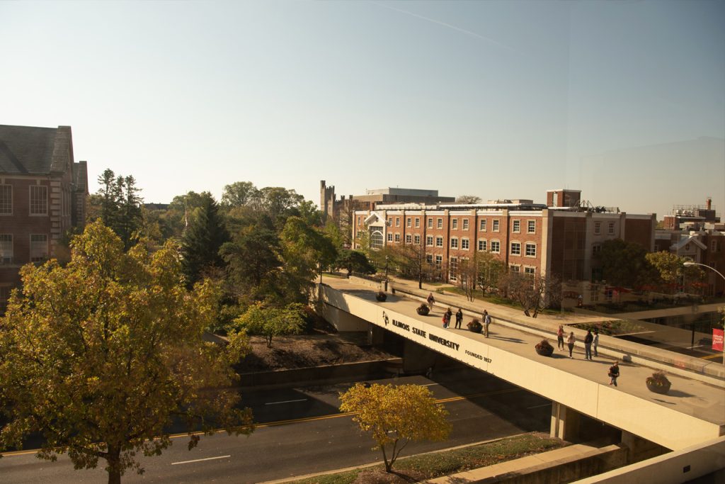 Image of from Milner Library of the College Avenue bridge and Schroeder Hall