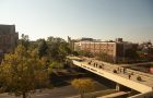 Image of from Milner Library of the College Avenue bridge and Schroeder Hall