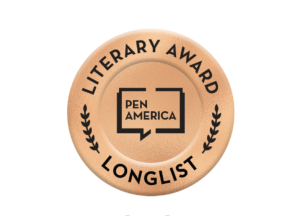 2023 PEN America Literary Award Longlist logo. Tan circle with black text.  
